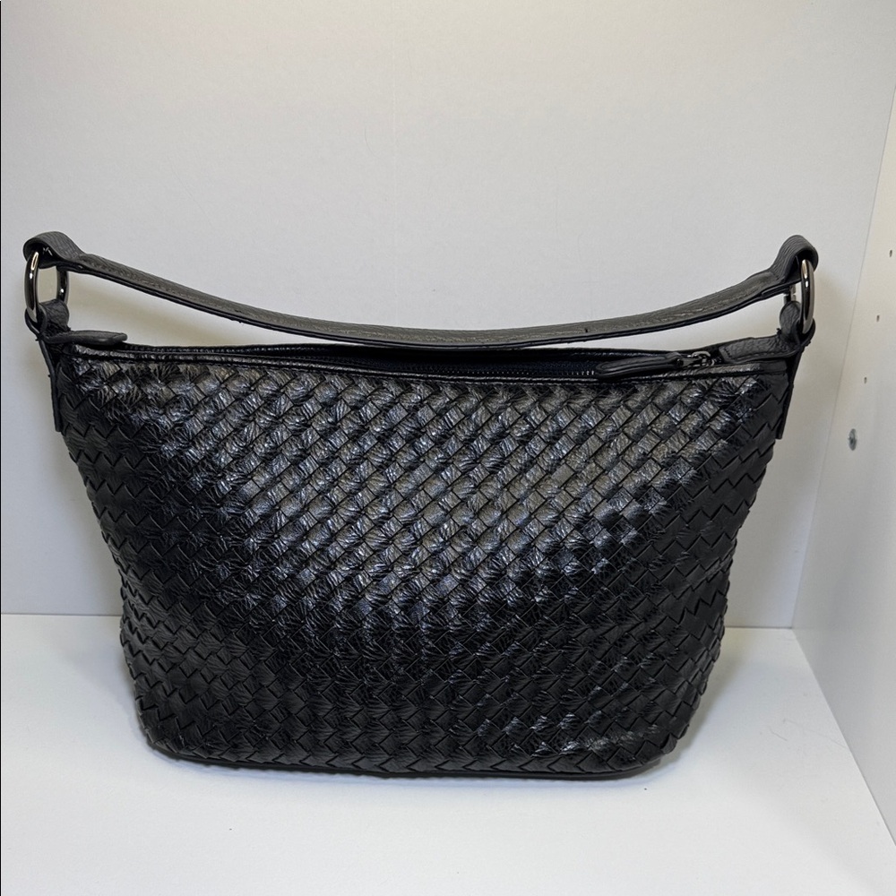 Black Woven Shoulder Bag with Smooth Strap